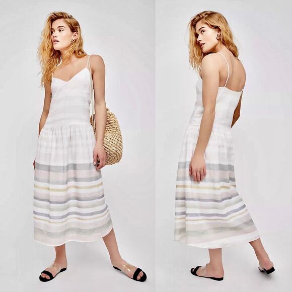 Mara Hoffman 100% Organic Linen Pink Striped Midi Dress Size 8 Sleeveless - Picture 1 of 9